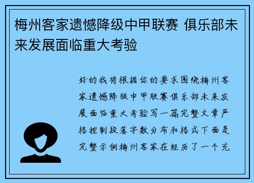 梅州客家遗憾降级中甲联赛 俱乐部未来发展面临重大考验